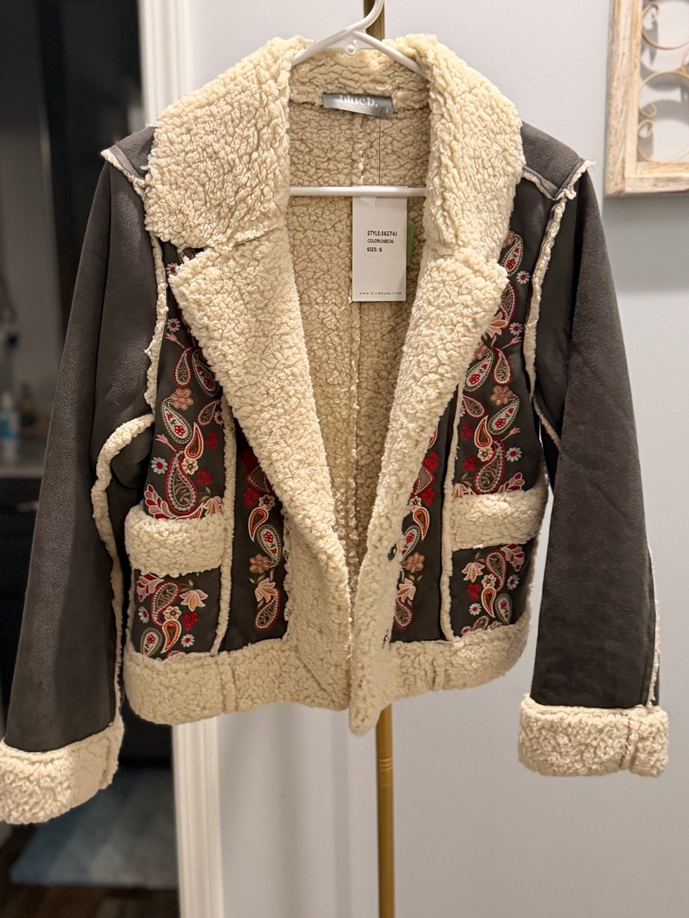 Teddy-Lined Paisley Trim Brown Jacket with Cream Sherpa